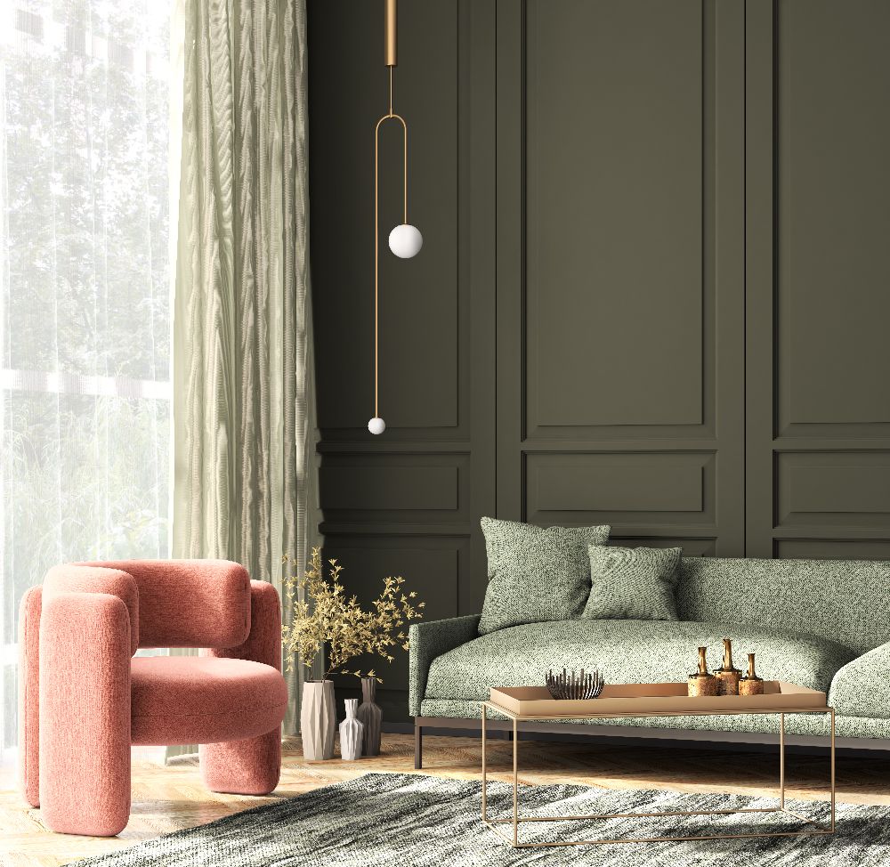 A room showcasing how textured fabrics like linen and natural wood enhance a green color palette